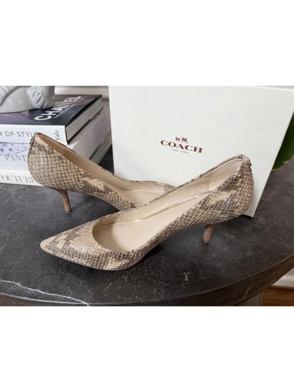 NIB Coach Zeal Sand Printed Snake Natural/Sand Leather Pumps Size 7.5